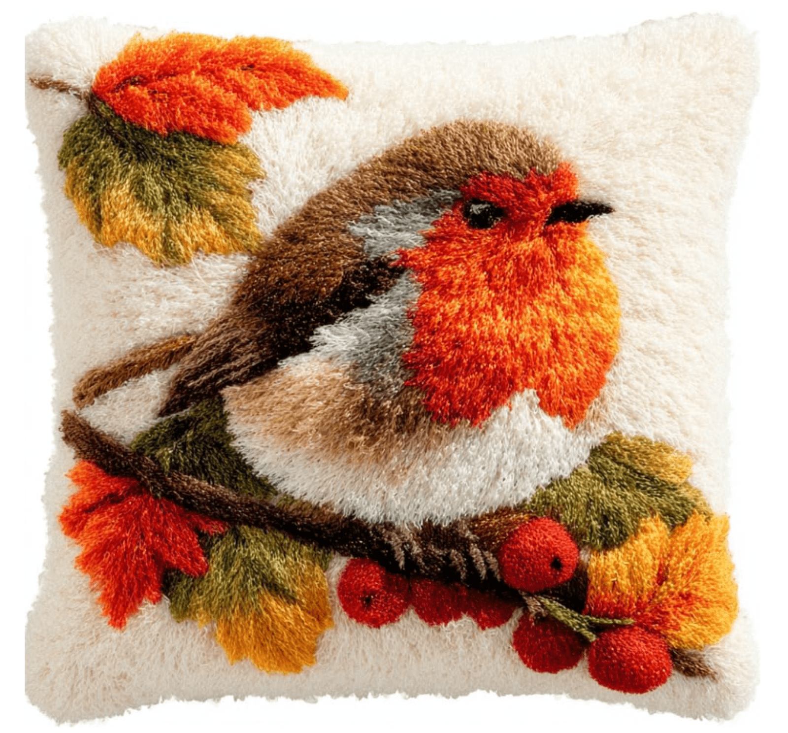 Animal Latch Hook Cushion Kit, Robin On Maple Branch Knitting Kits Cushion, 17X17 Inch Rug Making Kit For Starters, Latch Hook Kits For Beginners Adults Or