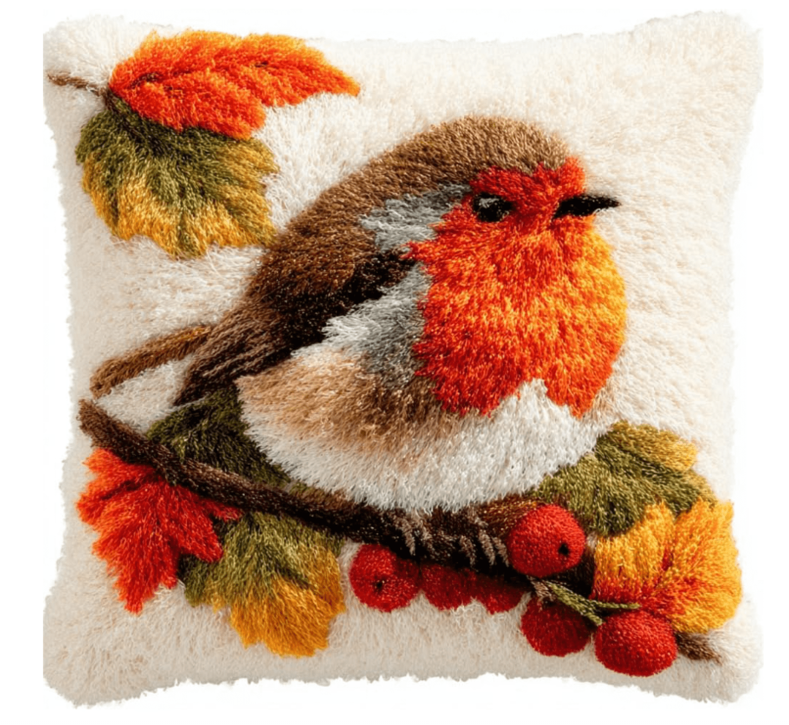Animal Latch Hook Cushion Kit, Robin On Maple Branch Knitting Kits Cushion, 43X43Cm 17X17 Inch Rug Making Kit For Starters, Latch Hook Kits For Beginners Adults