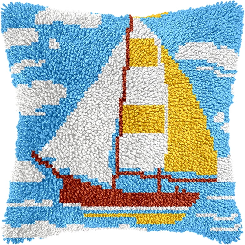 Animal Latch Hook Cushion Kit, Sailboats At Sea Knitting Kits Cushion, 43X43Cm/17X17 Inch Rug Making Kit For Starters, Latch Hook Kits For Beginners Adults Or Children