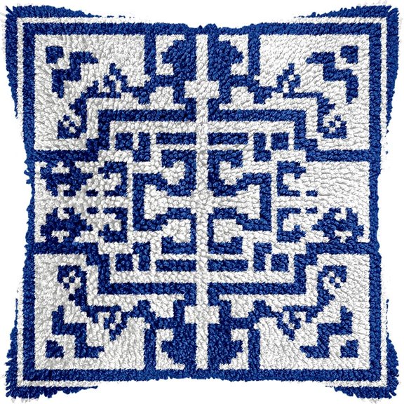 Animal Latch Hook Kit Cushion For Adults,Blue Pattern 17X17Inch,Diy Pre-Printed Craft Latch Hook Rug Kits Cross-Stitch Embroidery Pillow Cover Kit For Christmas/S Home Sofa Decorat