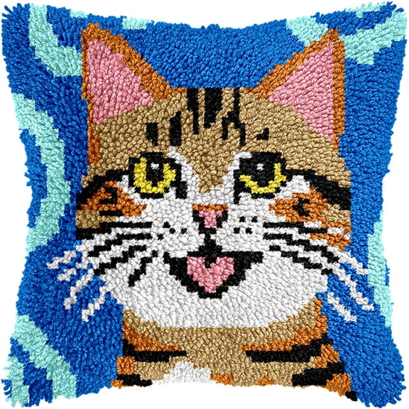 Animal Latch Hook Kit Cushion For Adults,Cat 17X17Inch,Diy Pre-Printed Craft Latch Hook Rug Kits Cross-Stitch Embroidery Pillow Cover Kit For Christmas/S Home Sofa Decoration