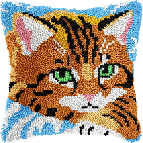 Animal Latch Hook Kit Cushion For Adults,Cat 17X17Inch,Diy Pre-Printed Craft Latch Hook Rug Kits Cross-Stitch Embroidery Pillow Cover Kit For Christmas/S Home Sofa Decoration