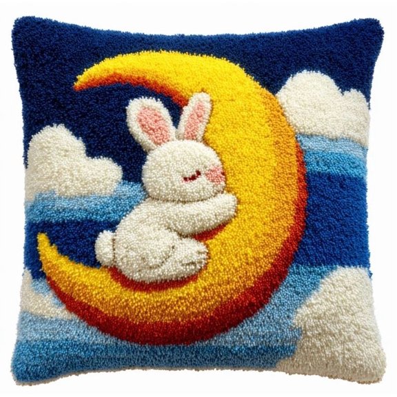 Animal Latch Hook Kit Cushion For Adults,Cute Rabbit On The Moon 17X17Inch,Diy Pre-Printed Craft Latch Hook Rug Kits Cross-Stitch Embroidery Pillow Cover Kit For Christmas/S Home S