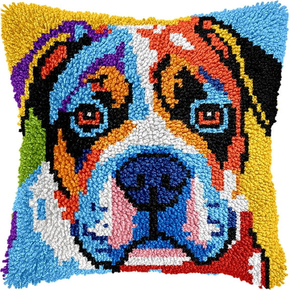 Animal Latch Hook Kit Cushion For Adults,Dog 17X17Inch,Diy Pre-Printed Craft Latch Hook Rug Kits Cross-Stitch Embroidery Pillow Cover Kit For Christmas/S Home Sofa Decoration