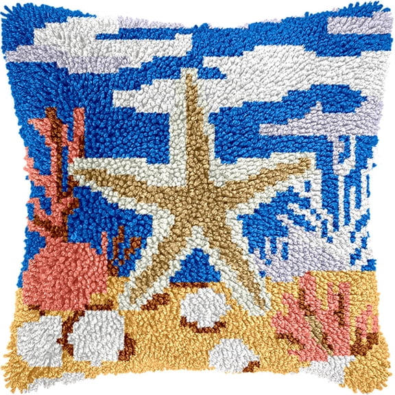 Animal Latch Hook Kit Cushion For Adults,Starfish 17X17Inch,Diy Pre-Printed Craft Latch Hook Rug Kits Cross-Stitch Embroidery Pillow Cover Kit For Christmas/S Home Sofa Decoration