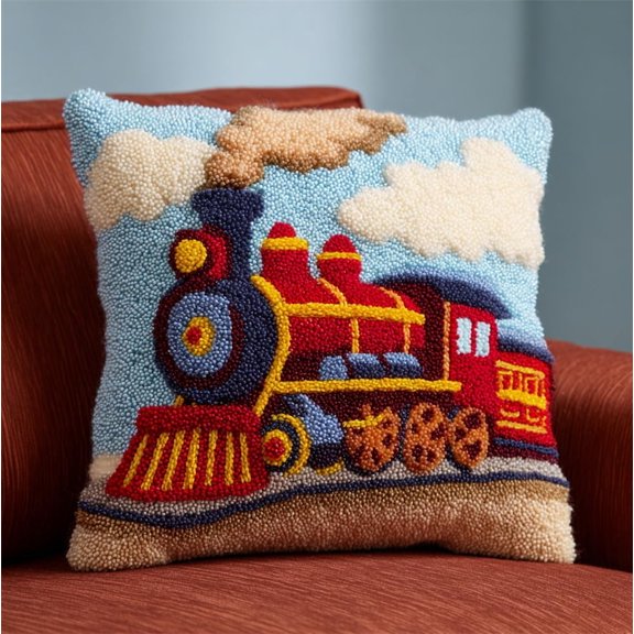 Animal Latch Hook Kit Cushion For Adults,Train 17X17Inch,Diy Pre-Printed Craft Latch Hook Rug Kits Cross-Stitch Embroidery Pillow Cover Kit For Christmas/S Home Sofa Decoration