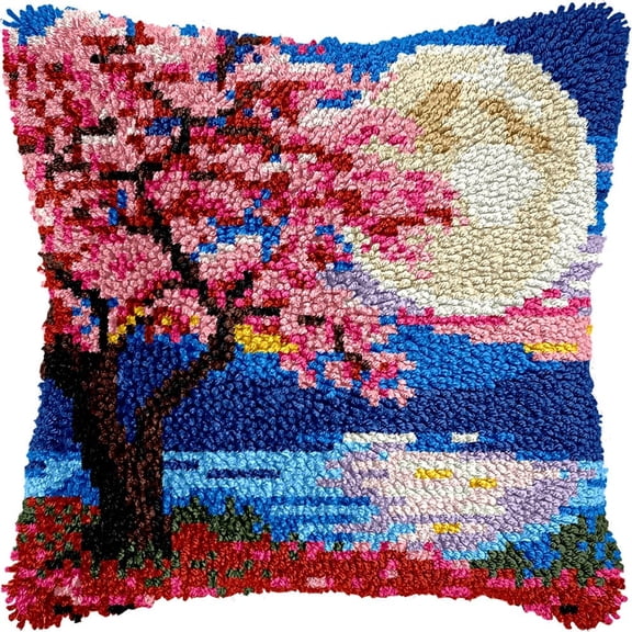 Animal Latch Hook Kit Cushion,Cherry Blossom Tree,17X17Inch Pre-Printed Diy Pillow Materials Hooks Knitted Embroidered Pillow Embroidery Latch Hook Carpet For Adults