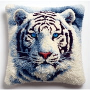 Animal Latch Hook Kit Cushion,White Tiger,17X17Inch Pre-Printed Diy Pillow Materials Hooks Knitted Embroidered Pillow Embroidery Latch Hook Carpet For Kids Adults