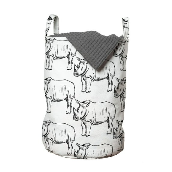 Animal Laundry Bag, Continuous Vintage Engraved Style Sketch Drawn Pattern of Wild Creature, Basket with Handles Drawstring Closure for Laundromats, 13" x 19", Charcoal Grey and White, by Ambesonne