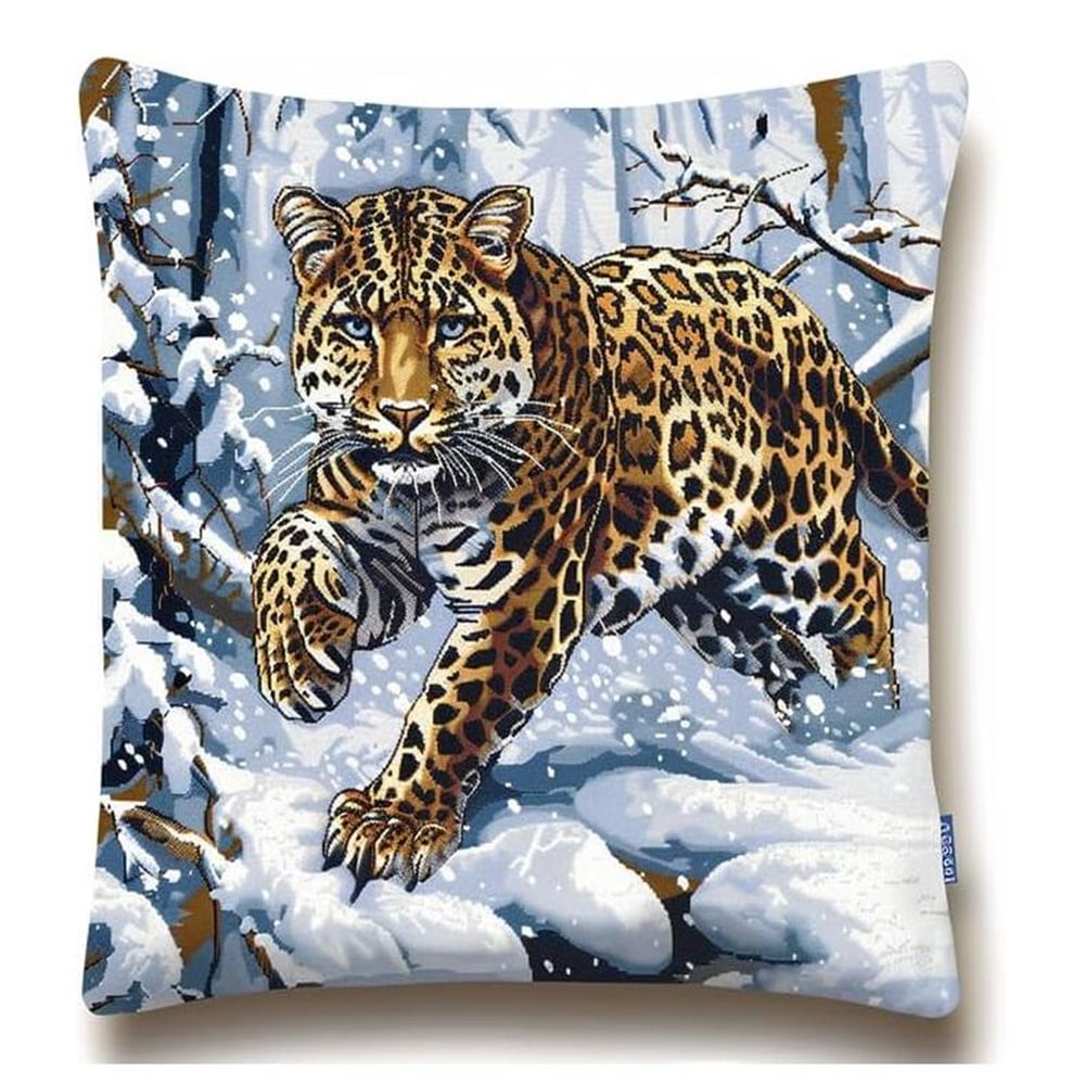 Animal Leopard DIY Printed Cross Stitch Pillow Kits,Landscape Embroidery Kit for Adults 11CT Cross Stitch Kit Printed Canvas Needlework Decoratio 17*17 in