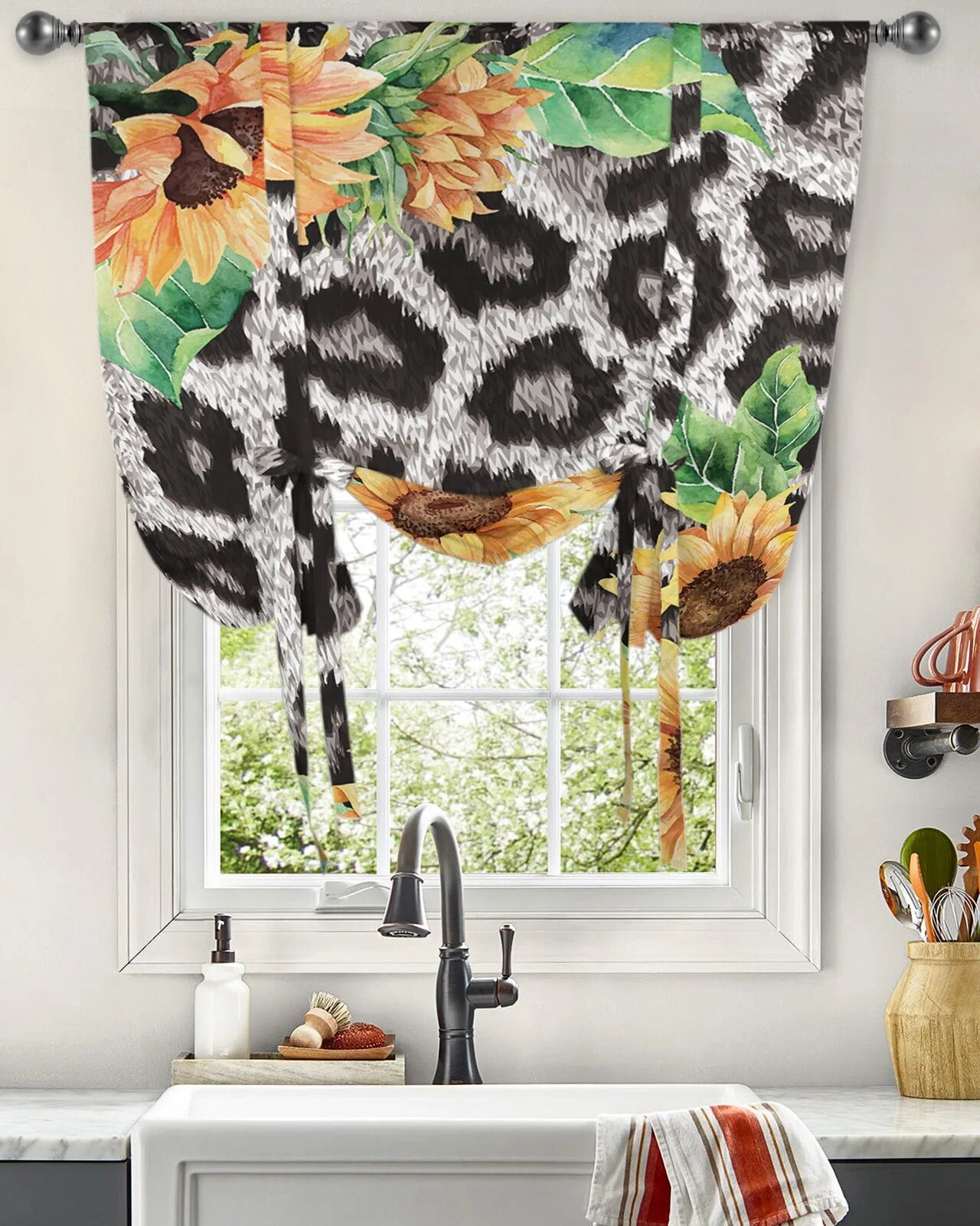 Animal Leopard Flower Sunflower Curtain for Living Room Kitchen Tieup Short Curtains Adjustable