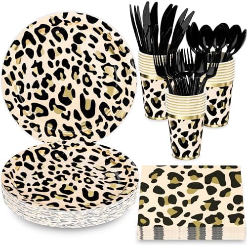 Animal Leopard Print Party Supplies Pack, Jungle Safari Cheetah Print Birthday Party Decorations Zoo Disposable Tableware, Animal Paper Plates Napkins Cups and Cutlery (Serves 24), 144 PCS