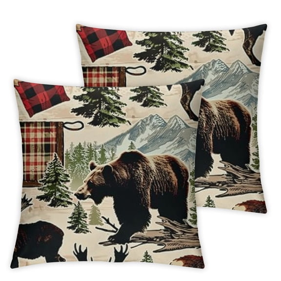 Animal Lodge Velvet Throw Pillow Cover Bear Moose Buffalo Plaid Band Deer Cabin Vintage Wooden Board Soft Pillow Cover Solid Square Cushion Case Match for Home Decor