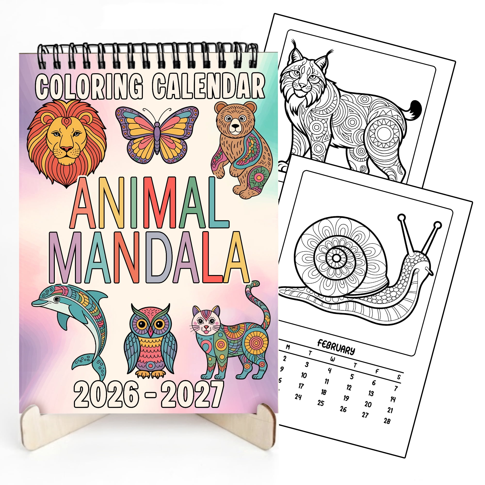 Animal Mandala Coloring Desk Calendar 2026–2027, A5 Wooden Cover Planner with 26 Easy Coloring Pages for Adult Relaxation, 24 Month Desktop Calendar with Stand, Gift for Family & Friends