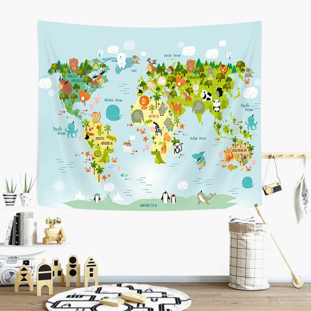 Animal Map Tapestry Kids World Map Tapestry Wall Hanging Cartoon World Map Kids Children Tapestries Perfect for Nursery Decor Bedroom Decor and Classroom Map Educational Kid s Room Map 60X40IN Walmart...