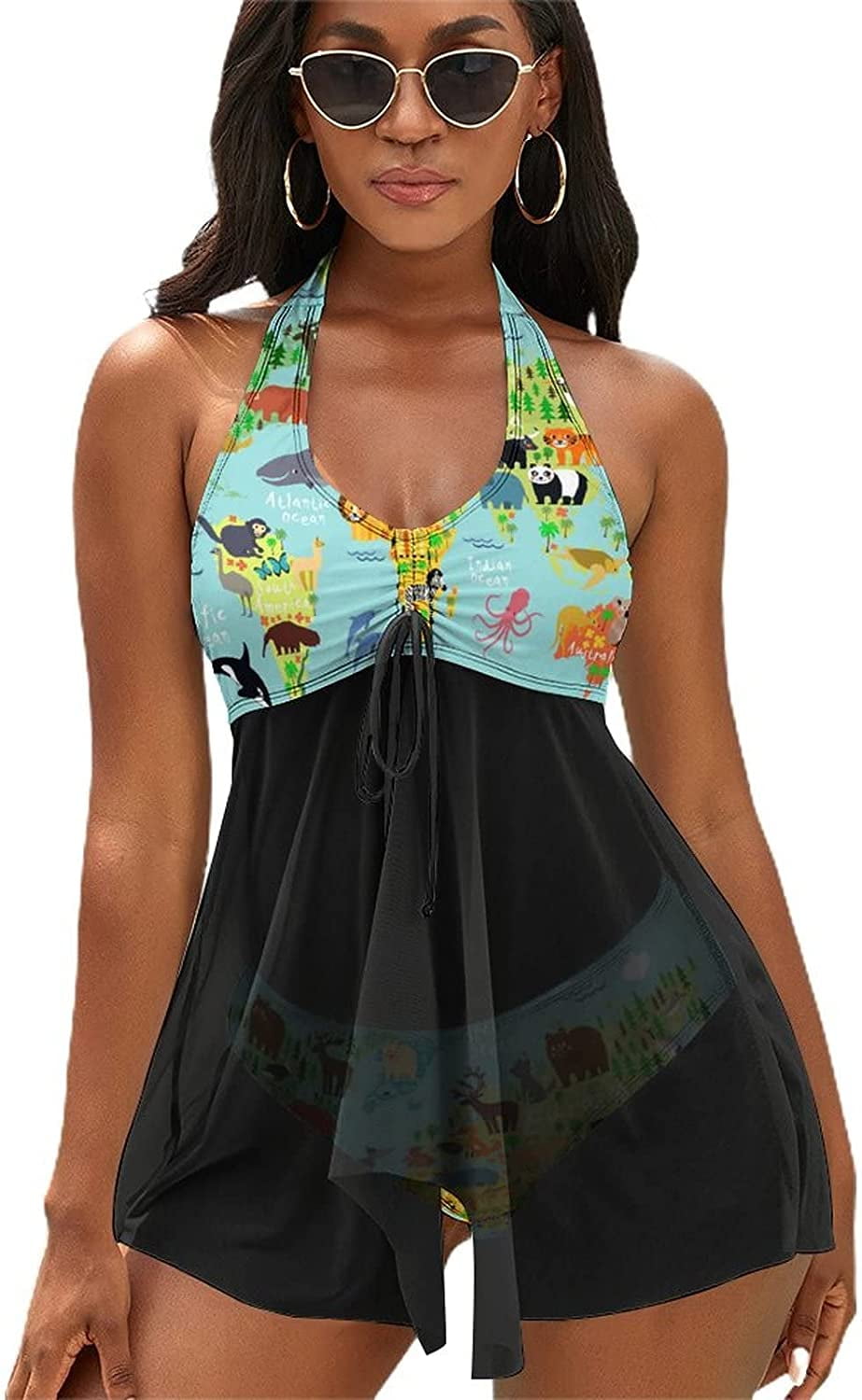 Animal Map of The World Women Two Piece Bikini Sets with Cover Up Skirt Swimsuit