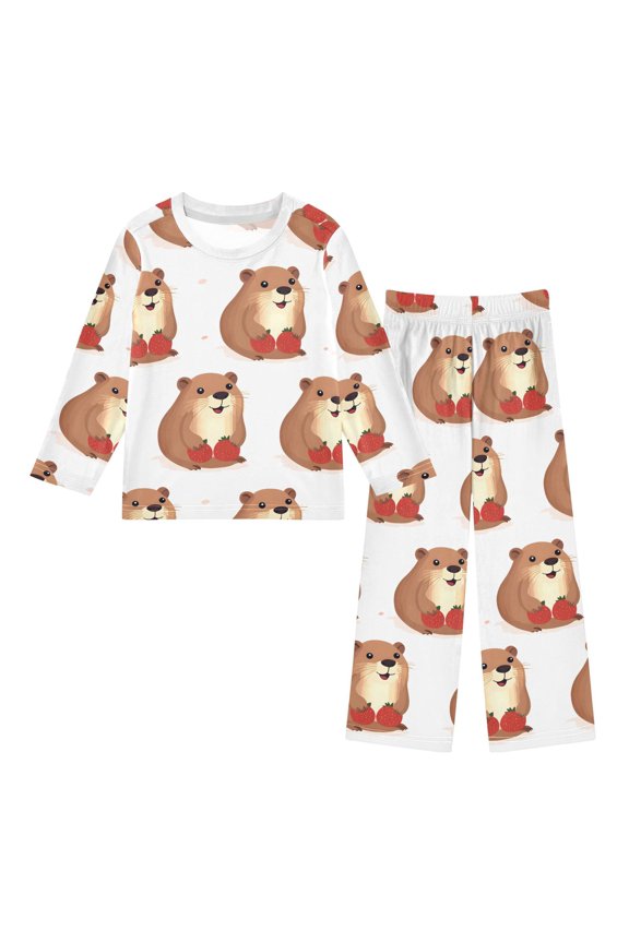 Animal Marmot Strawberry Cozy Soft Long Sleeves Top and Pants 2 Piece Cool Pjs Pajamas Set Sleepwear Size 3-11Y