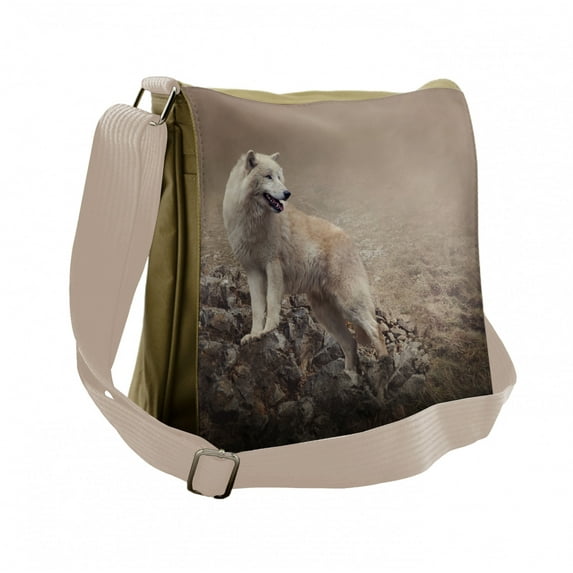 Animal Messenger Bag, White Wolf on the Rocks, Unisex Cross-body, by Ambesonne