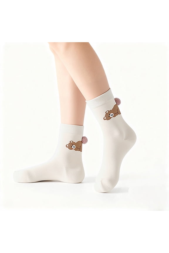 Animal Mid Calf Socks for Women, 3D Plush Ball Cartoon Novelty Crew Socks, Cute Animal Socks with Pom Pom, Fun Socks for Women Girls, Daily Wear, Gift