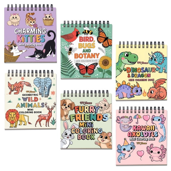 Animal Mini Coloring Book Spiral Bound for Adult, Pack 6, 3.5” x 3.5” Pocket Size, 40 Coloring Pages Stress & Anxiety Relief, Travel for Women Men