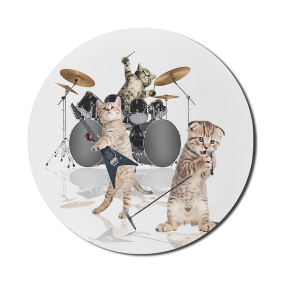 Animal Mouse Pad for Computers, Cool Hard Rocker Band of Kittens Singer Guitarist Cats Artwork Print, Round Non-Slip Thick Rubber Modern Gaming Mousepad, 8" Round, Multicolor, by Ambesonne