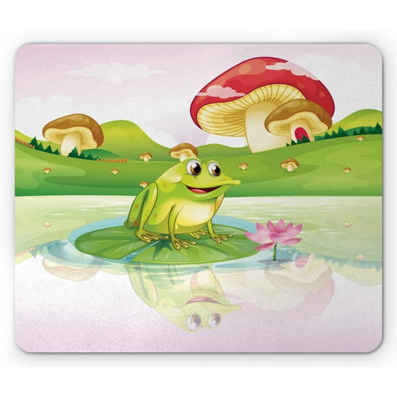 Animal Mouse Pad, Illustration of Frog on Water Lily with Mushrooms on the Background Nature Lake, Rectangle Non-Slip Rubber Mousepad, Multicolor, by Ambesonne