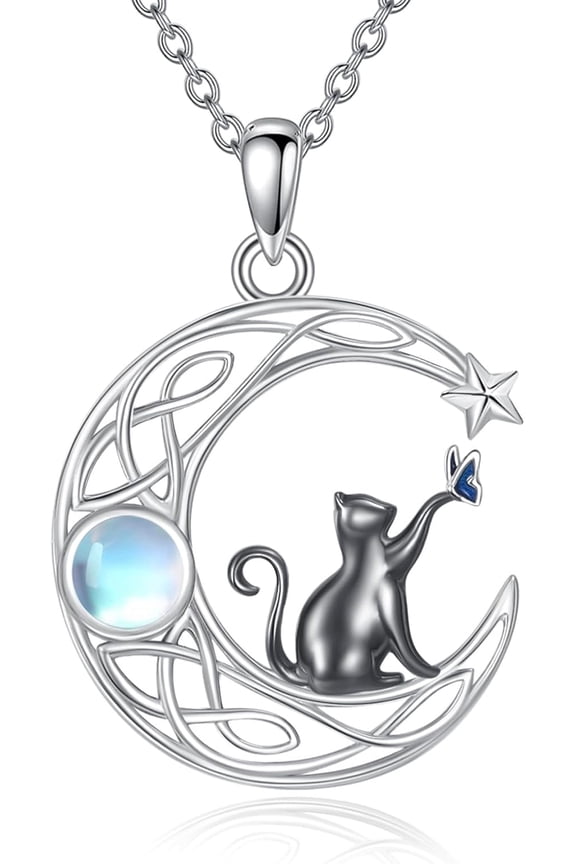 Animal Necklace 925 Sterling Silver Cat/Fox/Bat Moon Pendant Necklace Birthday Christmas Gifts for Women