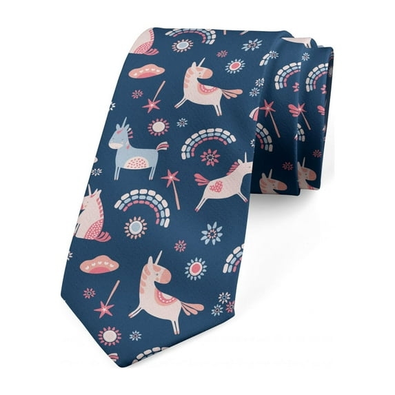Animal Necktie, Unicorns and Rainbows, Dress Tie, 3.7", Night Blue Multicolor, by Ambesonne