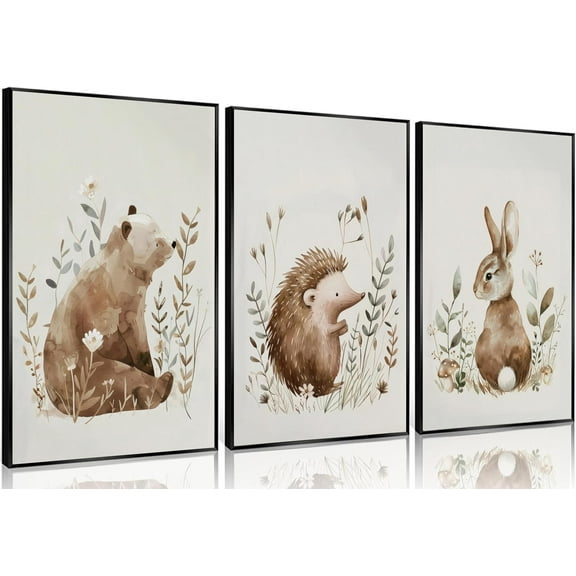 Animal Nursery Canvas Wall Art Cute Neutral Jungle Safari Painting Picture Wall Decor Baby Watercolor Bear hedgehog Rabbit Poster Print Artwork for Baby Children's Room Bedroom Home Decoration