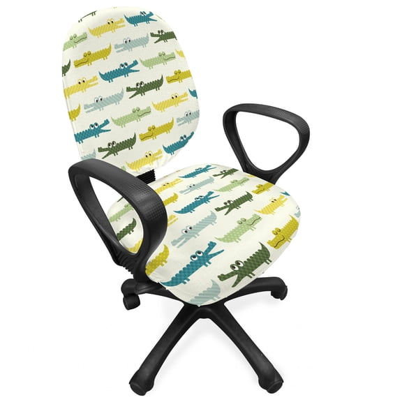 Animal Office Chair Slipcover, Crocodile Characters in Cartoon Style Funny Faces Animal Alligators, Protective Stretch Decorative Fabric Cover, Standard Size, Yellow Green Teal, by Ambesonne