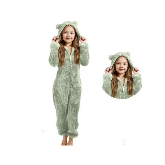 Animal Onesie Pajamas Bear Jumpsuits Kids Hooded Rompers Zip Onesie Pajamas One-Piece Sleepwear Teen Warm Zipper Romper 11-12 Years