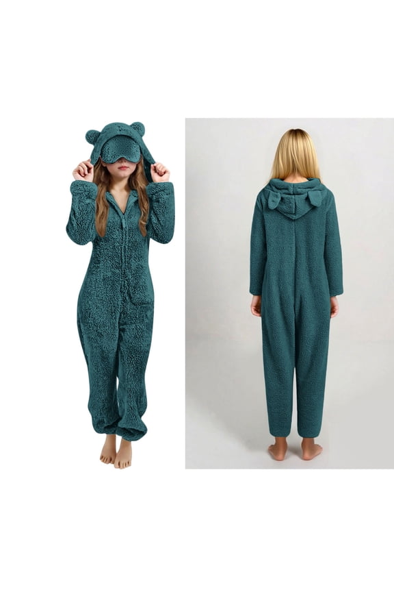 Animal Onesie Warm Pajamas with Eye Mask for Girls Bear Hooded One-Piece Sleepwear Boys Pajamas with Zip Up One-Piece Loungewear Cold Weather Teen Clothes 11-12 Years