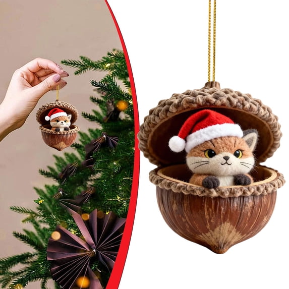 Animal Ornament under 3$, Yxwen Christmas Decoration, Pine Cone Animal Ornament, Small Animal Pinecone Pendant Wearing A Santa Hat, 2D Acrylic Sleeping Animal Decor for Holiday Keepsake Gift