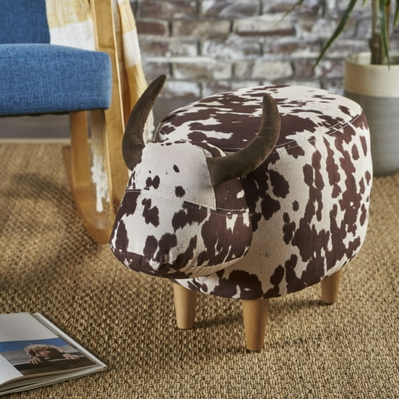 Animal Ottoman, Animal Shape Ottoman with Wood Legs, Multifunctional Cushioned Step Stool, Kids Furniture for Nursery, Bedroom, Playroom, and Living Room Decor, Brown+White Cow