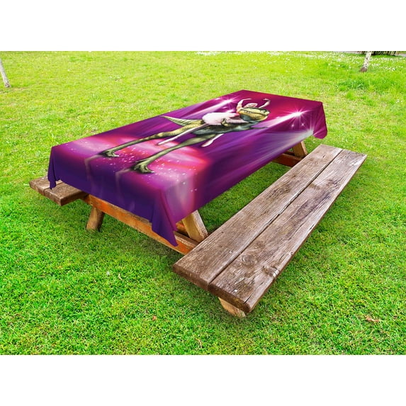 Animal Outdoor Tablecloth, Ballerina Dancing with a Dinosaur under Neon Stage Unusual Absurd Image Print, Decorative Washable Fabric Picnic Table Cloth, 58 X 84 Inches,Hot Pink Purple, by Ambesonne