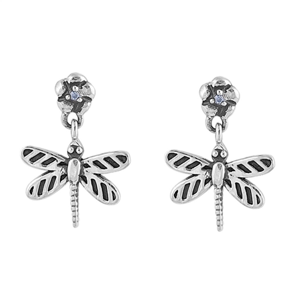Animal Oxidized Dragonfly Flower Dangle Clear CZ .925 Sterling Silver Earrings Jewelry Female