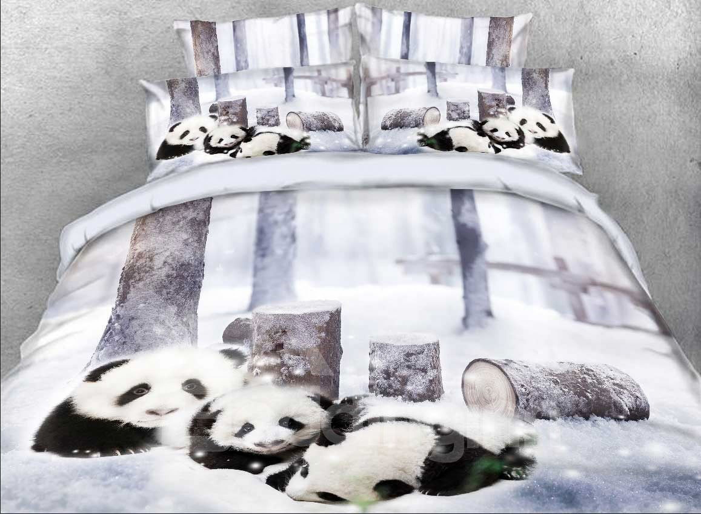 Animal Panda Printed Bedding Set, Panda Cubs Play in Snow Woods 4Piece