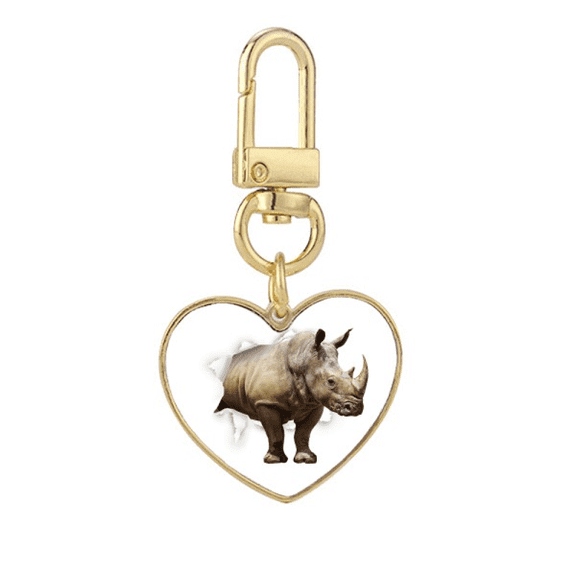 Animal Paper Break Shocks Rhinoceros Gold Heart Keychain Metal Keyring Holder