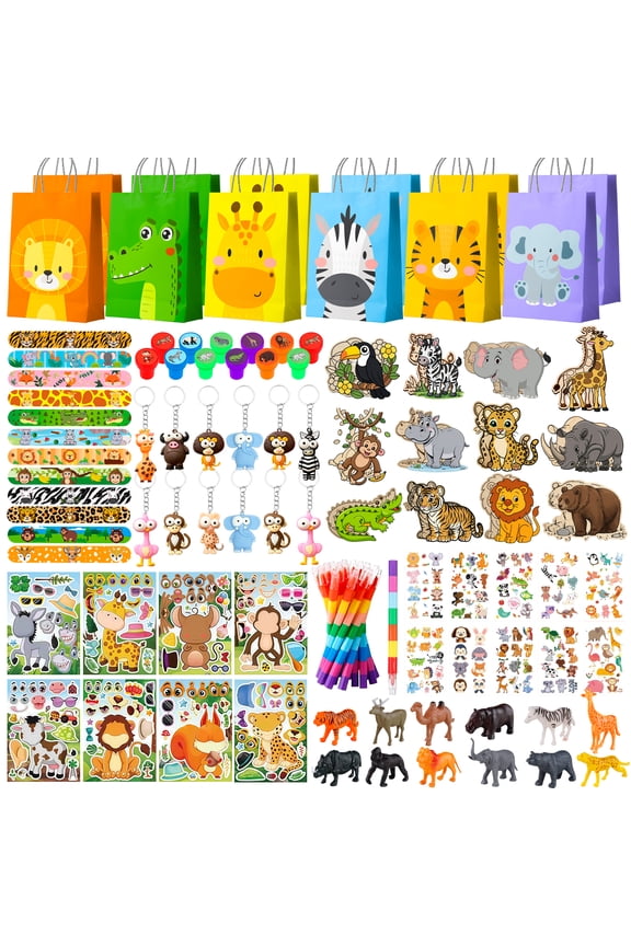 108Pcs Animals Party Favors, Animals Birthday Favors Set- Animals Goodie Bags Key Chains Stickers Diy Wooden Ornaments etc Animals Party Supplies for Animals Birthday Decorations