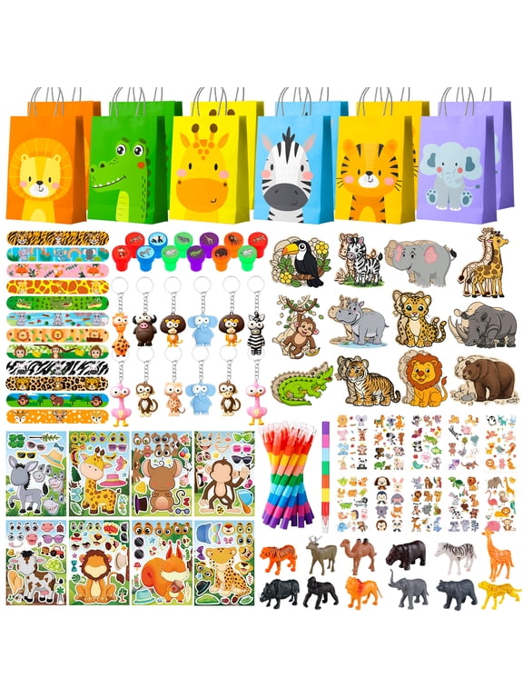 108Pcs Animals Party Favors, Animals Birthday Favors Set- Animals Goodie Bags Key Chains Stickers Diy Wooden Ornaments etc Animals Party Supplies for Animals Birthday Decorations