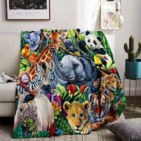 Animal Party Flannel Throw Blanket Vibrant Jungle Animal Print with Giraffes Zebras Pandas & Tigers Lightweight All-Season