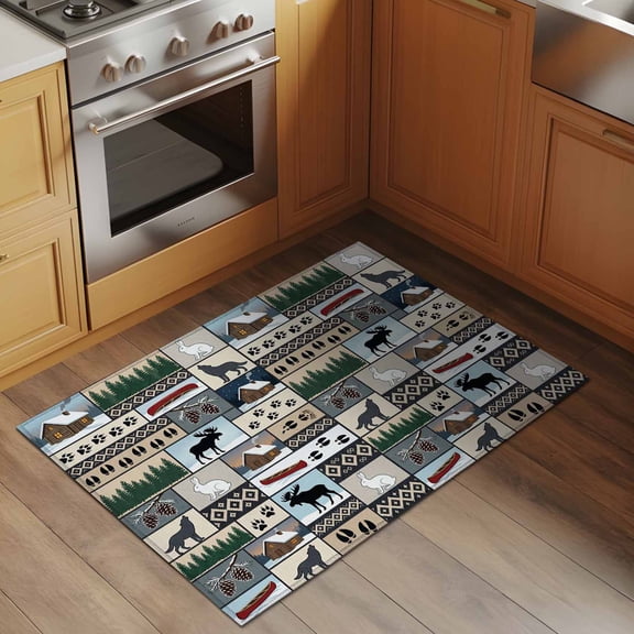 Animal Patchwork 2x3 Rug for Entryway Front Door Kitchen Sink Area, Country Forest Farmhouse Rabbit Wolf Footprints Low Pile Washable Non Slip Rectangle Area Rug