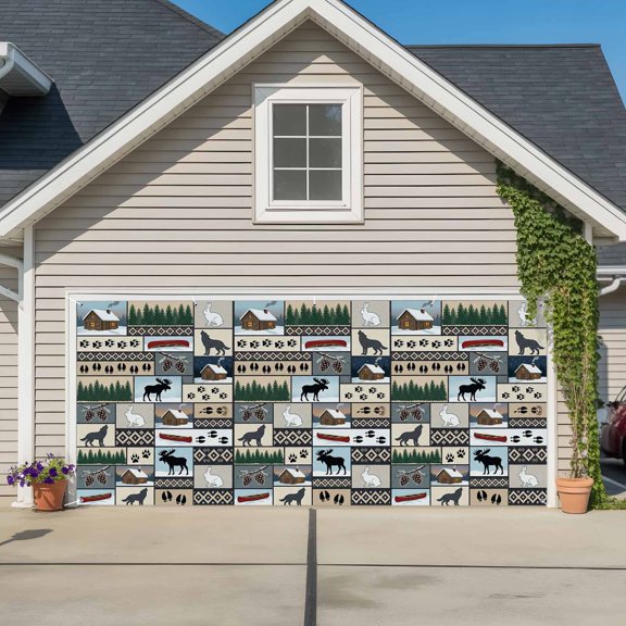 Animal Patchwork Garage Door Banner Covers, Country Forest Farmhouse Rabbit Wolf Footprints Large Hanging Indoor/Outdoor Backdrop Background for Christmas Winter Party Decor, 6.9x8ft