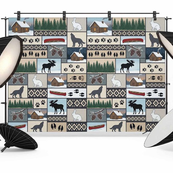 Animal Patchwork Photography Backdrop 7x5FT, Country Forest Farmhouse Rabbit Wolf Footprints Photo Backdrops, Background for Photography Studio Photo Studio Background, Back Drop for Photoshoot