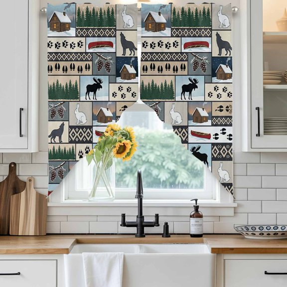 Animal Patchwork Swag Curtain Valance for Windows, Country Forest Farmhouse Rabbit Wolf Footprints Window Treatments Short Swag Topper for Kitchen Windows Bathroom Bedroom, 28"x36"