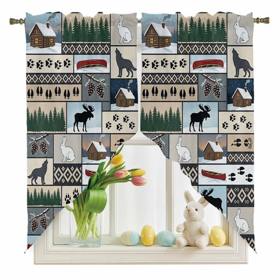 Animal Patchwork Swag Kitchen Curtain Valances, Country Forest Farmhouse Rabbit Wolf Footprints Rod Pocket Curtains Window Treatment Decor Valances for Bedroom Bathroom, 2 Panels 36 x 36 Inch