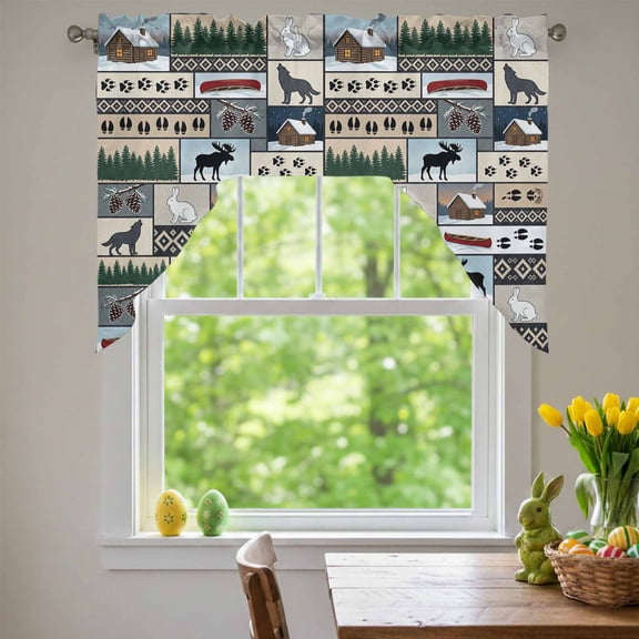 Animal Patchwork Swag Valances for Kitchen Window, Country Forest Farmhouse Rabbit Wolf Footprints Small Swag Valances Rod Pocket Curtain Drapes Window Treatment for Bedroom Bathroom, 56x36 Inch