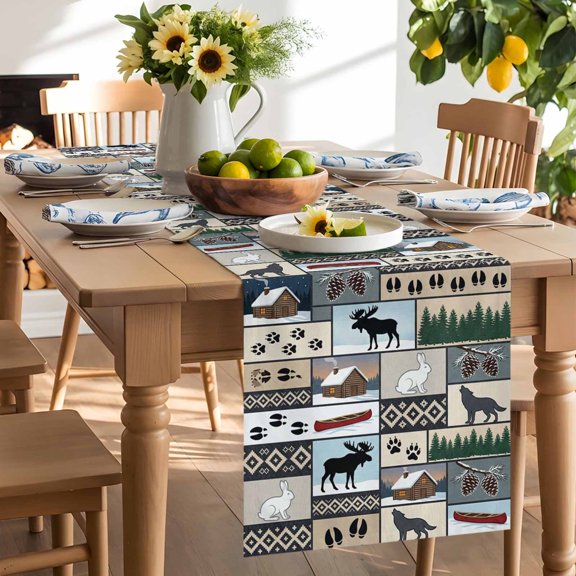 Animal Patchwork Table Runner, Country Forest Farmhouse Rabbit Wolf Footprints Washable Kitchen Table Runners Dress Scarves for Dining Table Decorations Party/Restaurant/Indoor Outdoor Use, 13x36in