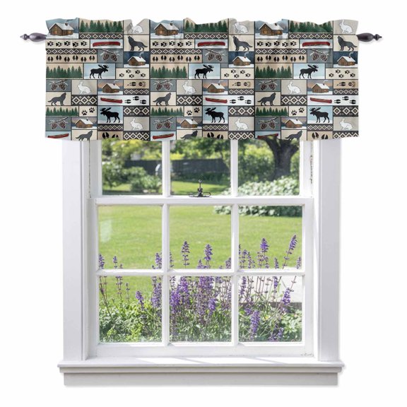 Animal Patchwork Valances for Windows Country Forest Farmhouse Rabbit Wolf Footprints Rod Pocket Cafe Window Treatments Valance Curtains for Kitchen Bathroom Laundry Basement Windows 42"x12"