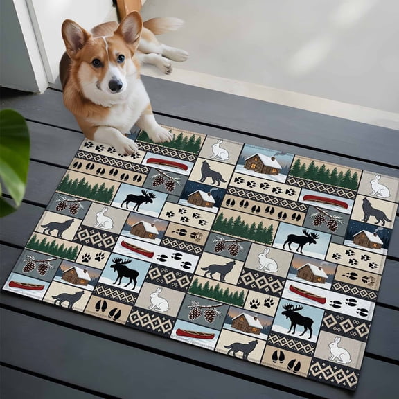 Animal Patchwork Washable Entry Rug 2x3 Country Forest Farmhouse Rabbit Wolf Footprints Low Pile Indoor Door Mat with Rubber Backing Thin Area Rug for for Entrance, Bedroom, Kitchen, Bathroom